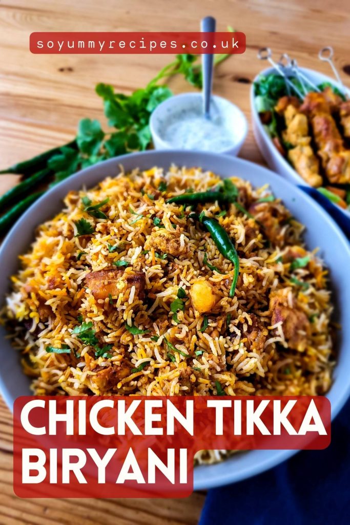 A plate of biryani rice, a bowl of yogurt chutney and skewers of chicken tikkas with overlay text.