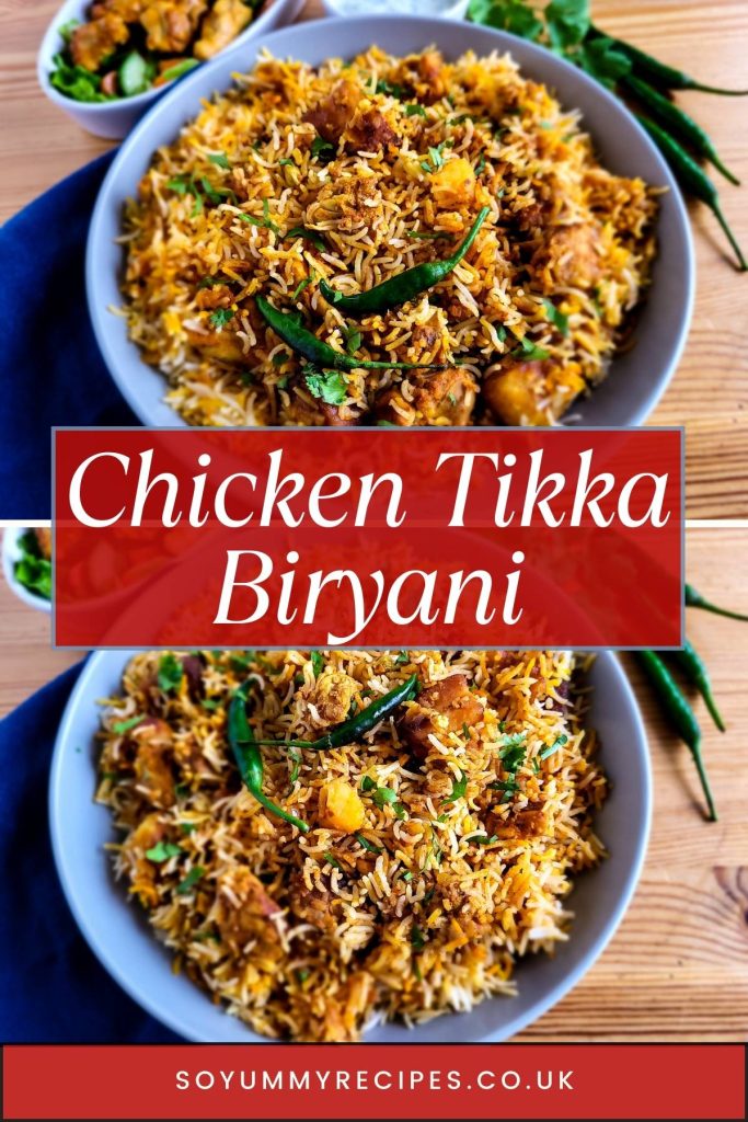 Two plates of chicken tikka biryani rice with overlay text.