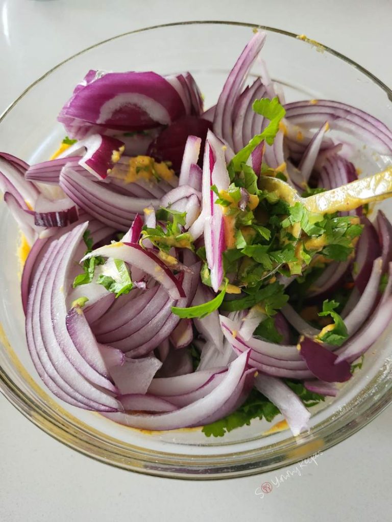red onion slices and chopped cilantro.