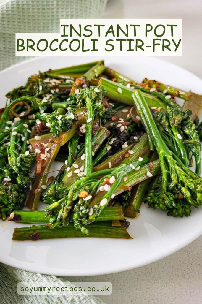 Broccoli stir-fry with an overlay text of instant pot broccoli stir-fry.