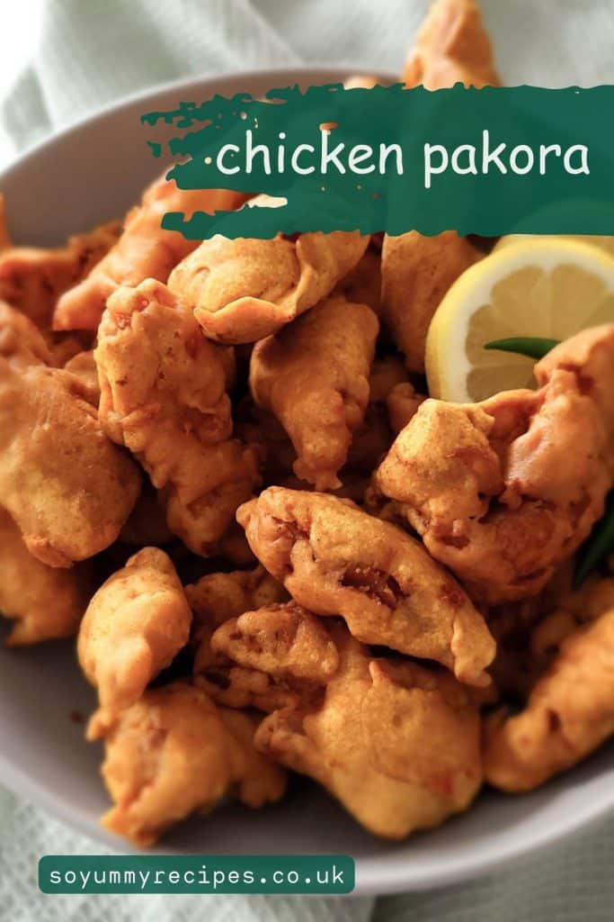 A deep plate of chicken fritters with an overlay text.