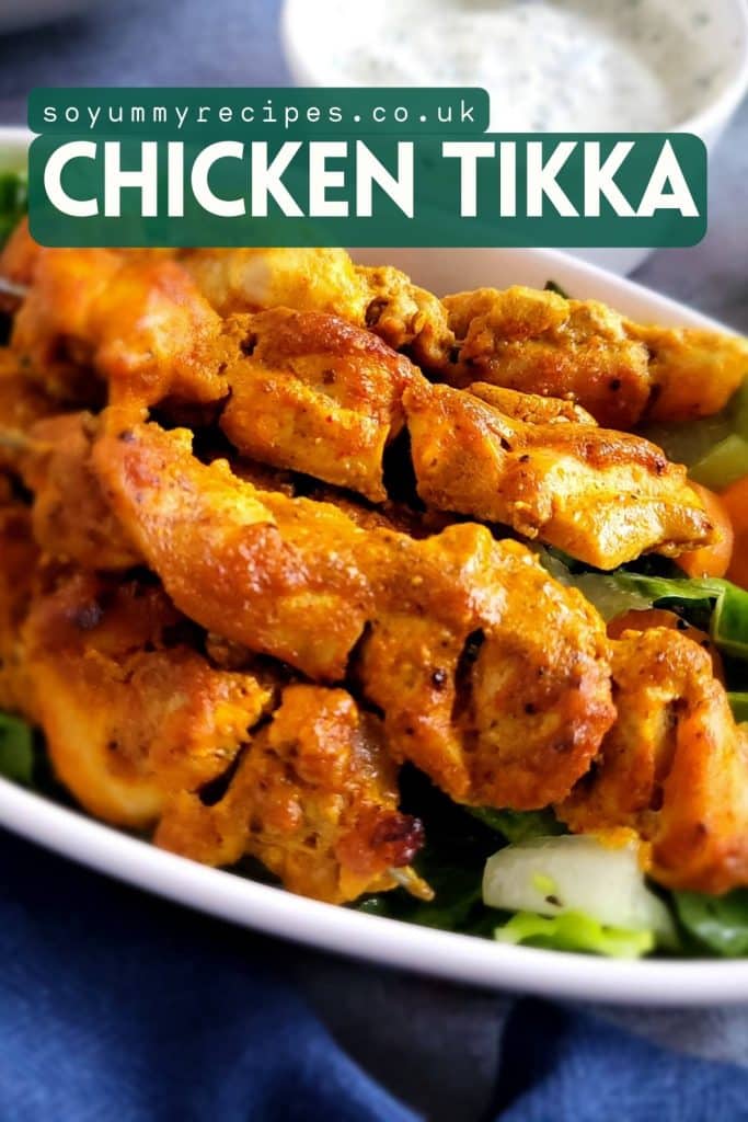 Chicken pieces with an overlay text of chicken tikka.