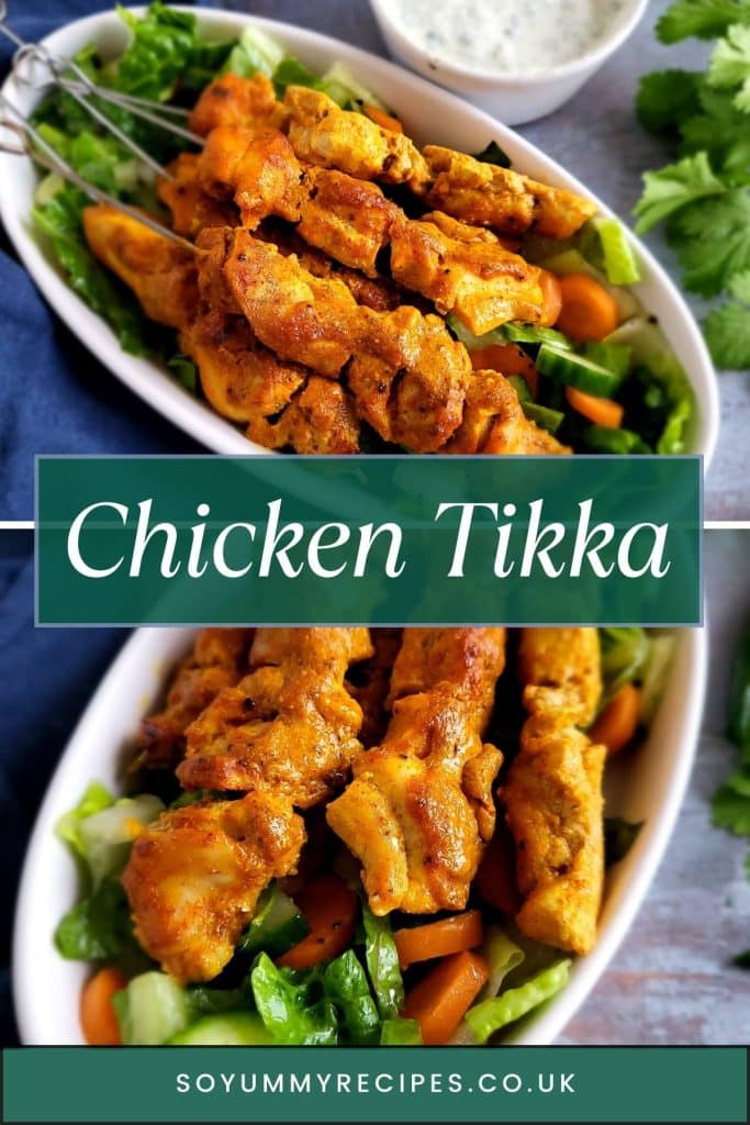A collage of two photos of chicken tikka on oval dish. 