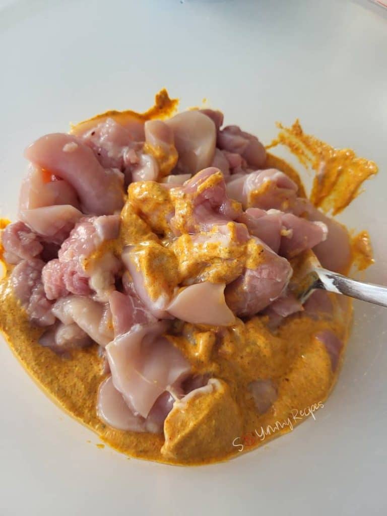 chicken pieces in spiced yogurt marinade.