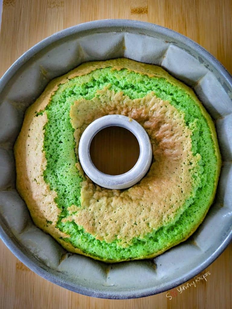 baked pandan cake in a cake bundt tin.