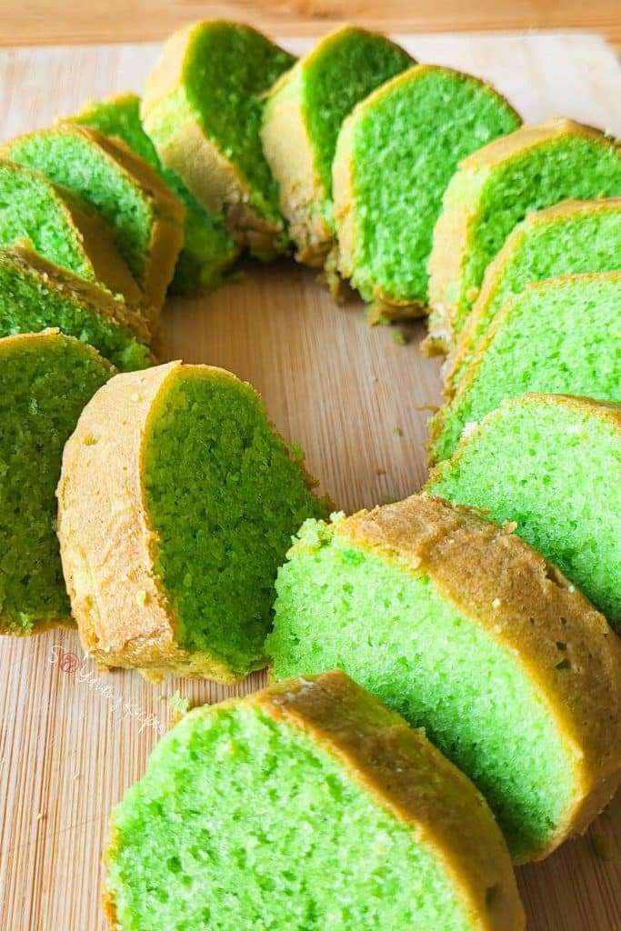 Pandan chiffon cake slices.