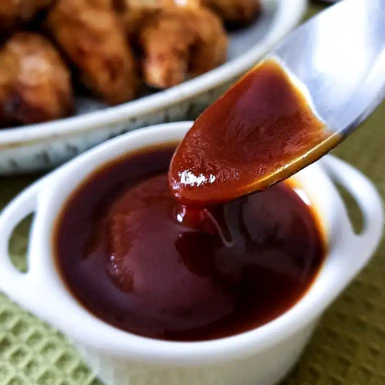 Teriyaki sauce in a white bowl and a teaspoon.