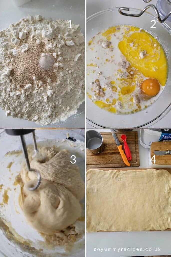 Photo collage of how to make bread dough.