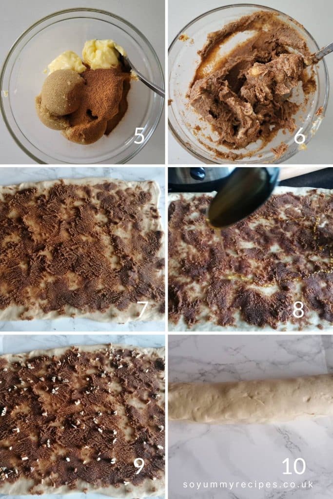 Photo collage of spreading cinnamon roll filling.