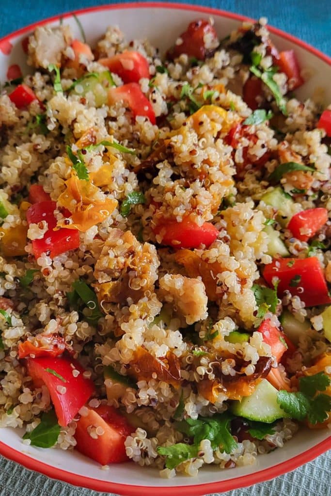 Quinoa with chopped vegetables.