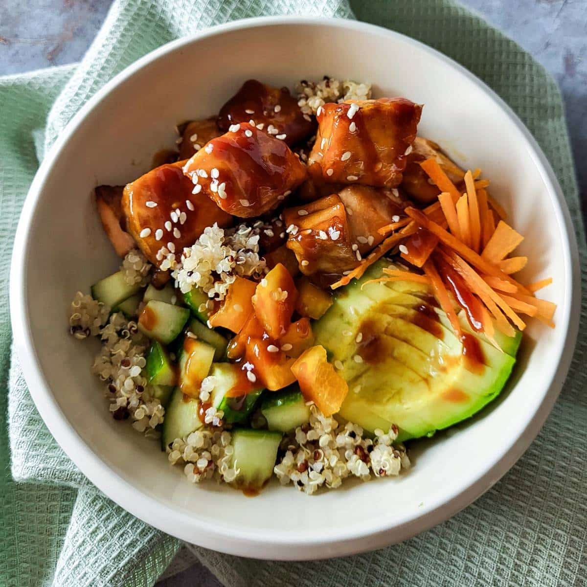 Salmon quinoa bowl.