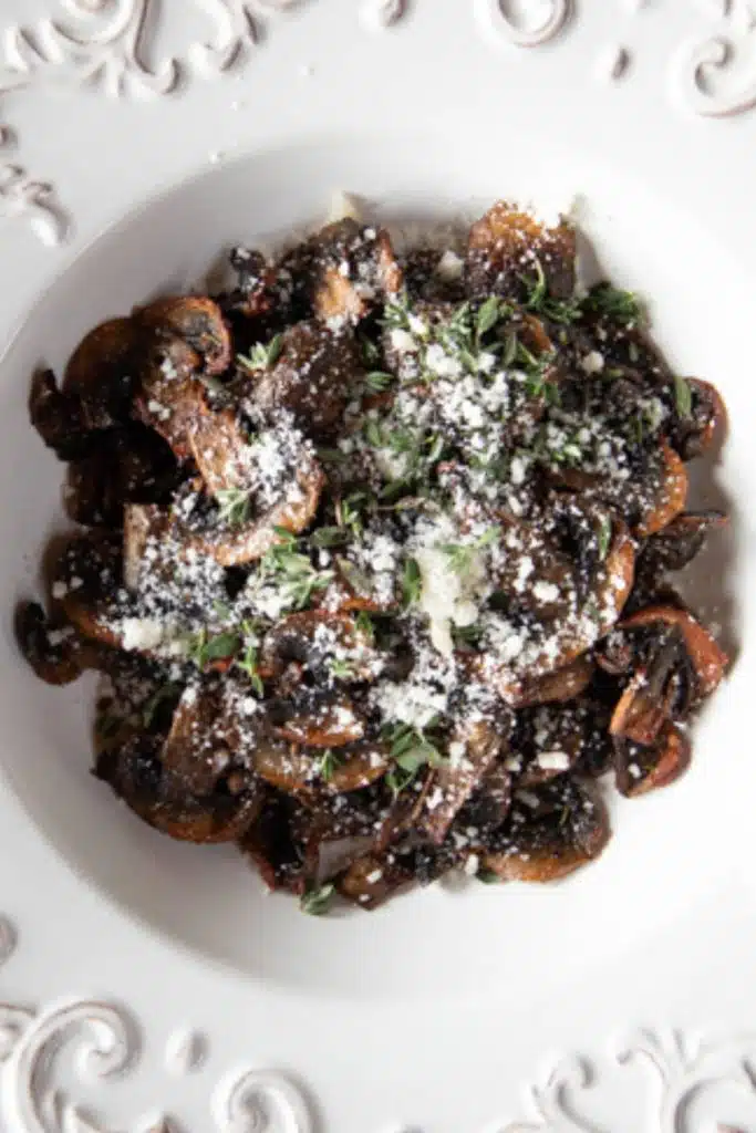 Air fryer mushrooms in a white dish.