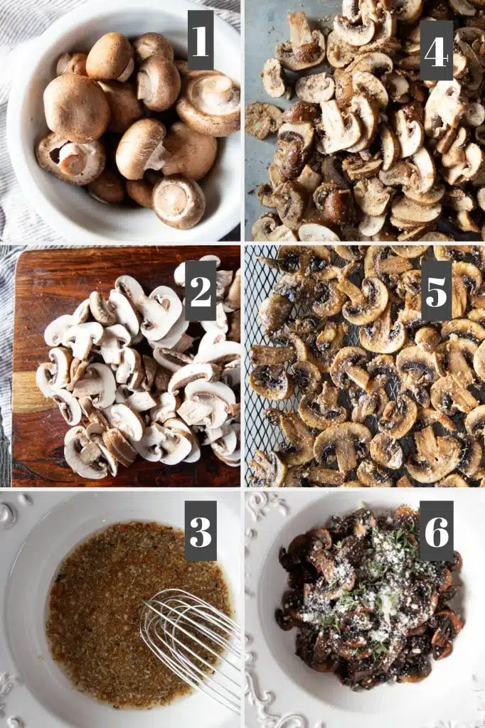 Photo collage of cooking mushrooms in air fryer.