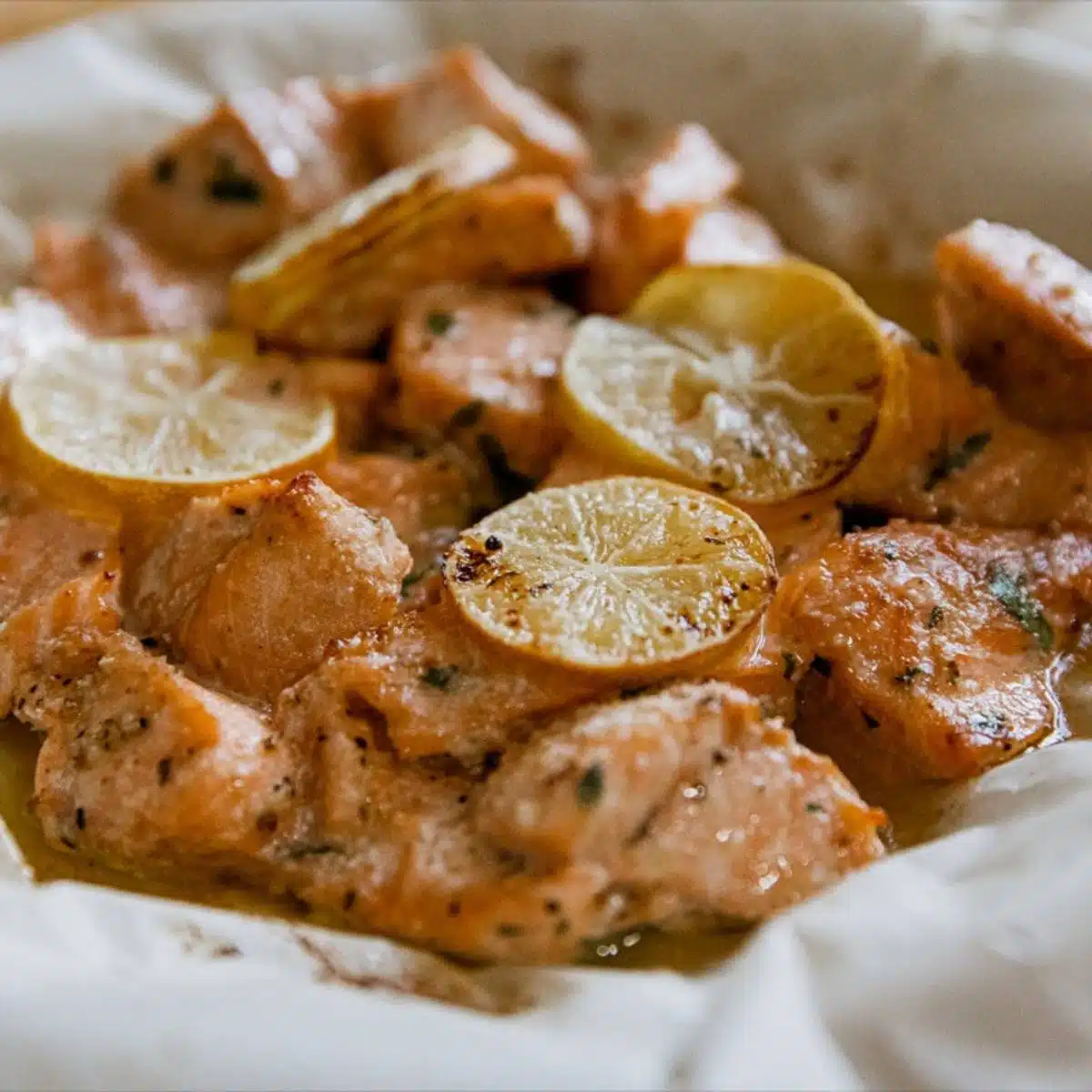 air fryer salmon bites with some lemon slices.