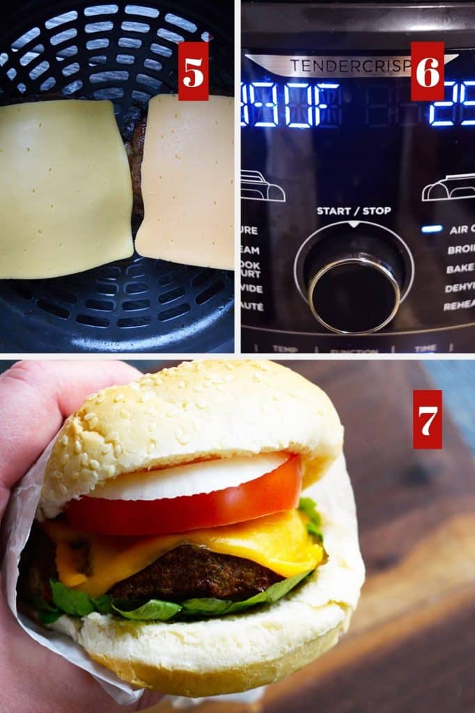 Photo collage of making air fryer turkey burger.