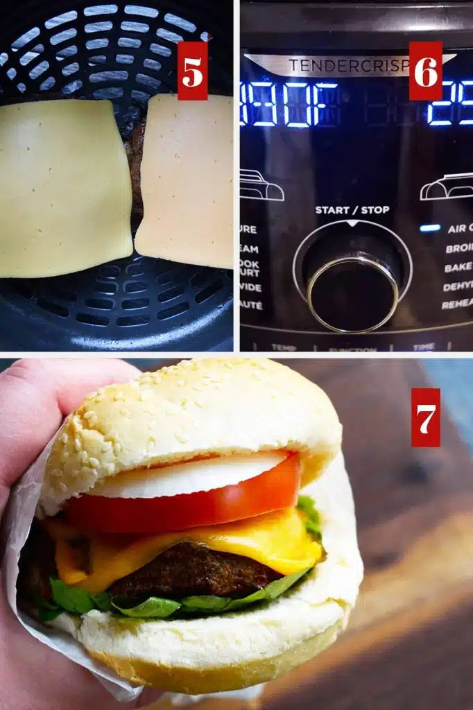 Photo collage of making air fryer turkey burger.