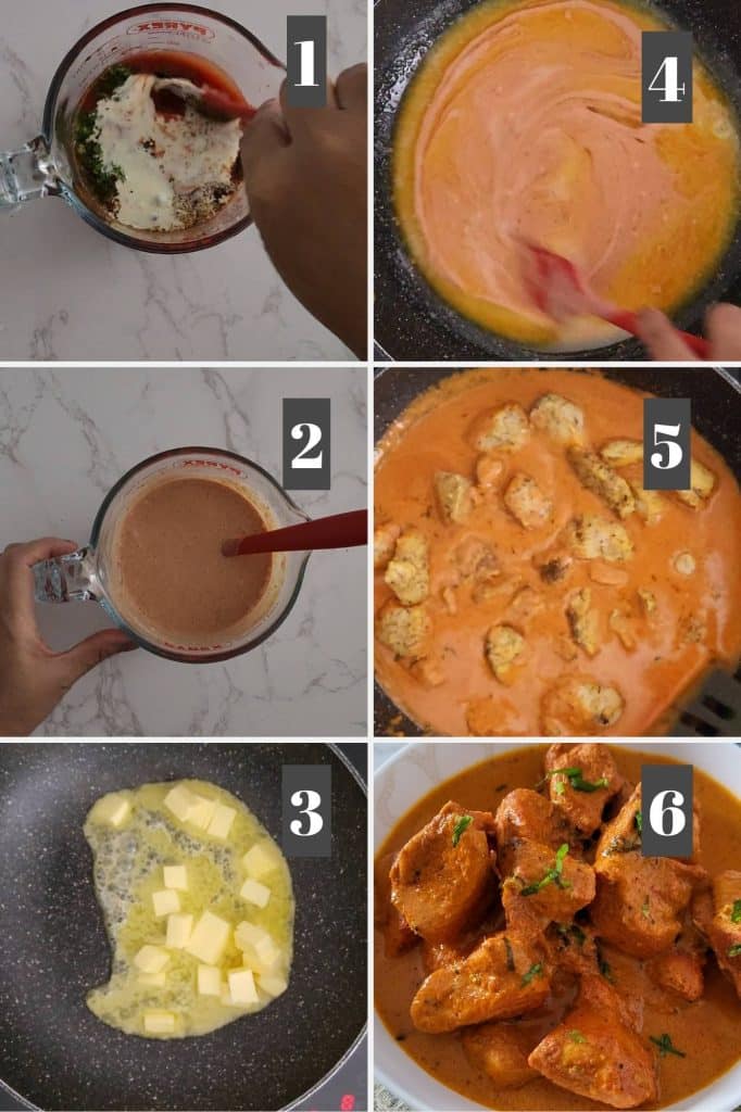 Photo collage of how to cook chicken tandoor in butter masala sauce.