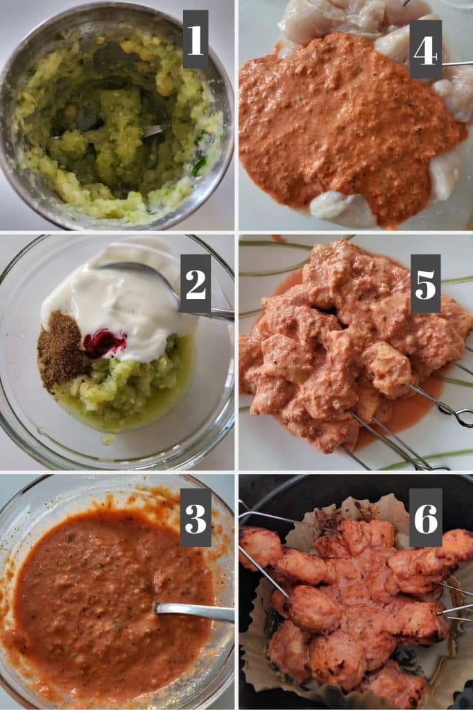 Photo collage of how to make tandoori chicken in air fryer.
