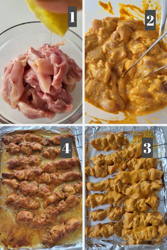 Photo collage of making chicken tikka.