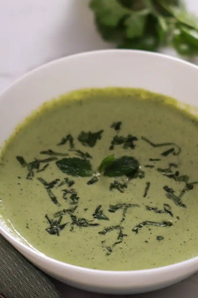 a bowl of green chutney garnished with chopped cilantro.