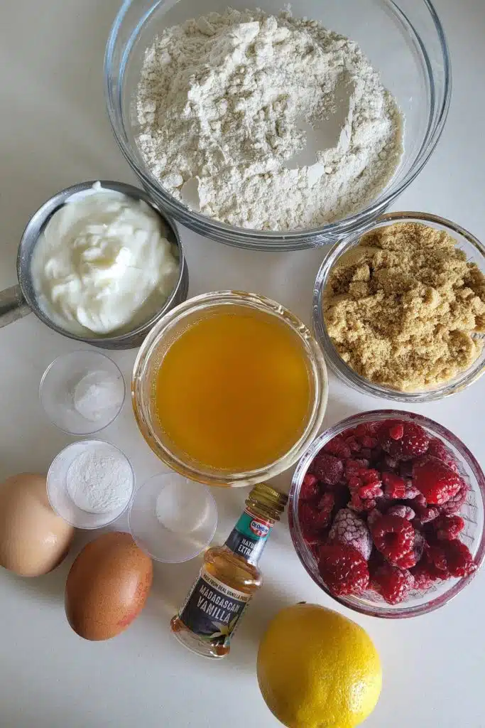 Ingredients for lemon raspberry muffins.
