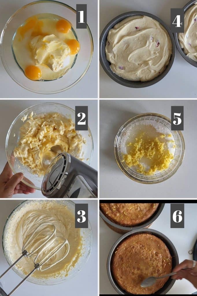 Photo collage of making cake.