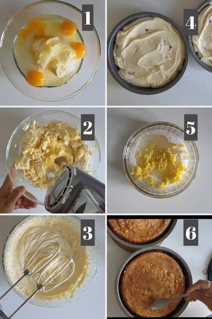 Photo collage of making cake.