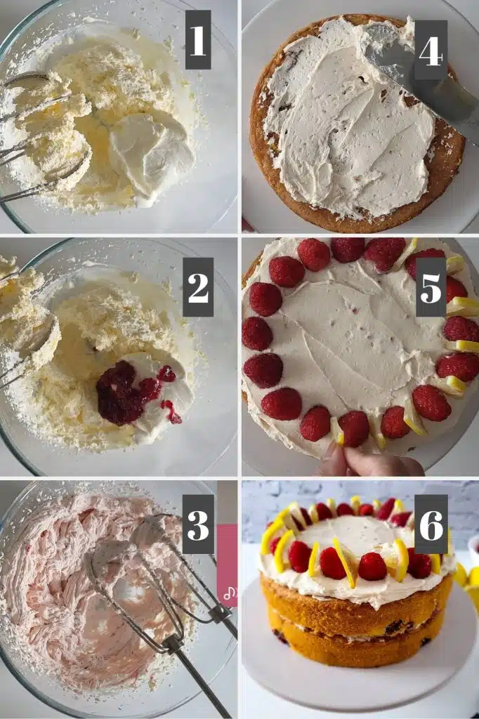 Photo collage of frosting and decorating cake.