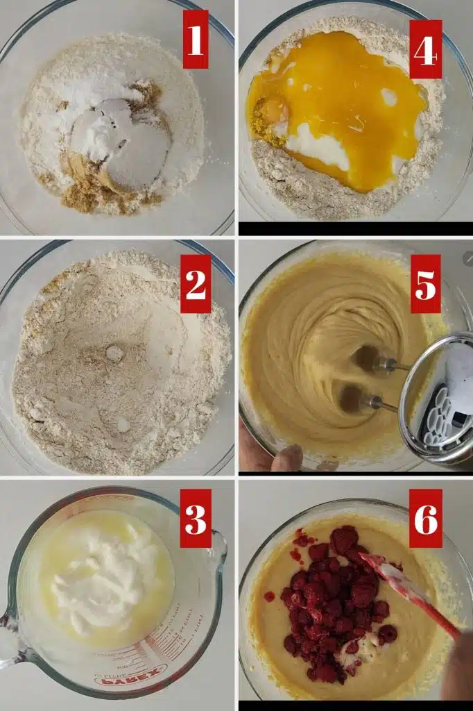 Photo collage of making muffin batter.
