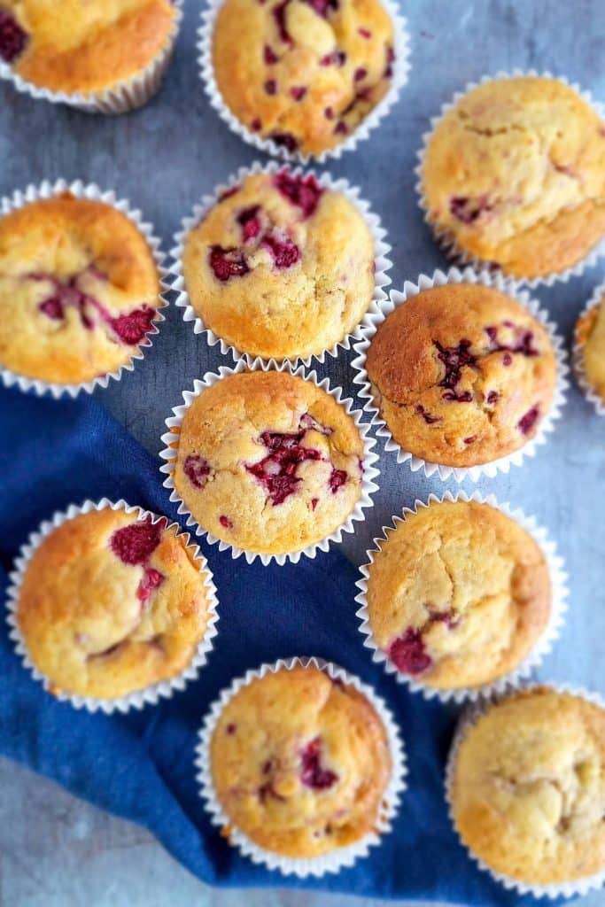Muffins on blue napkin.