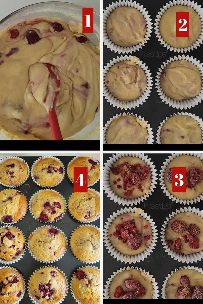 Photo collage of making muffins.