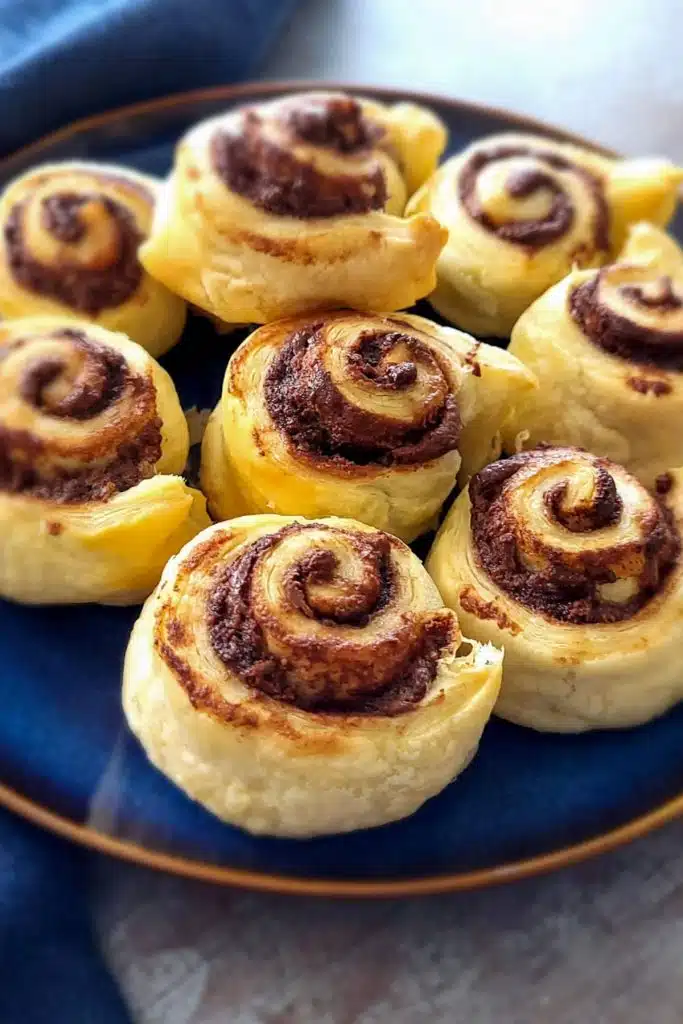 Nutella rolls with puff pastries on a blue plate.