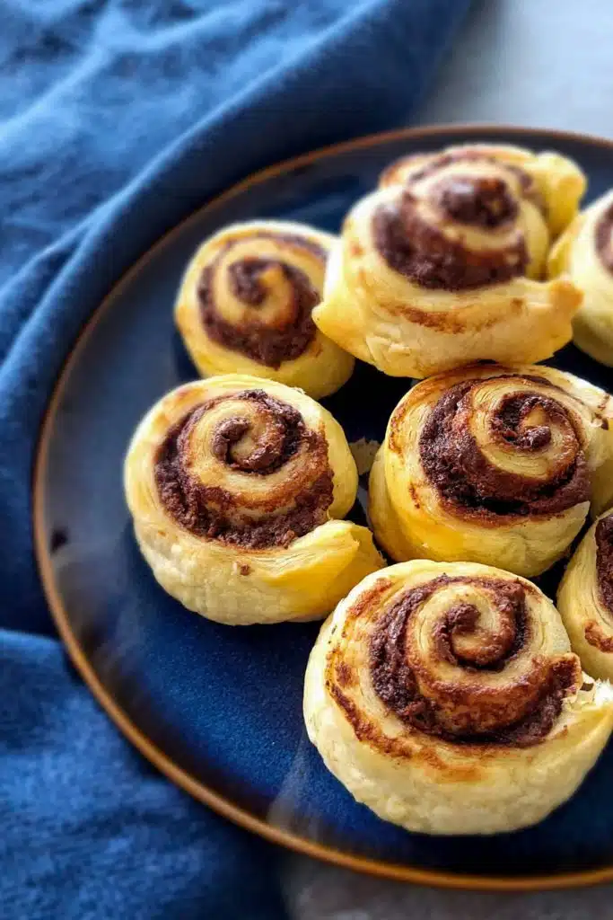 Puff pastry rolls with nutella in a blue plate.