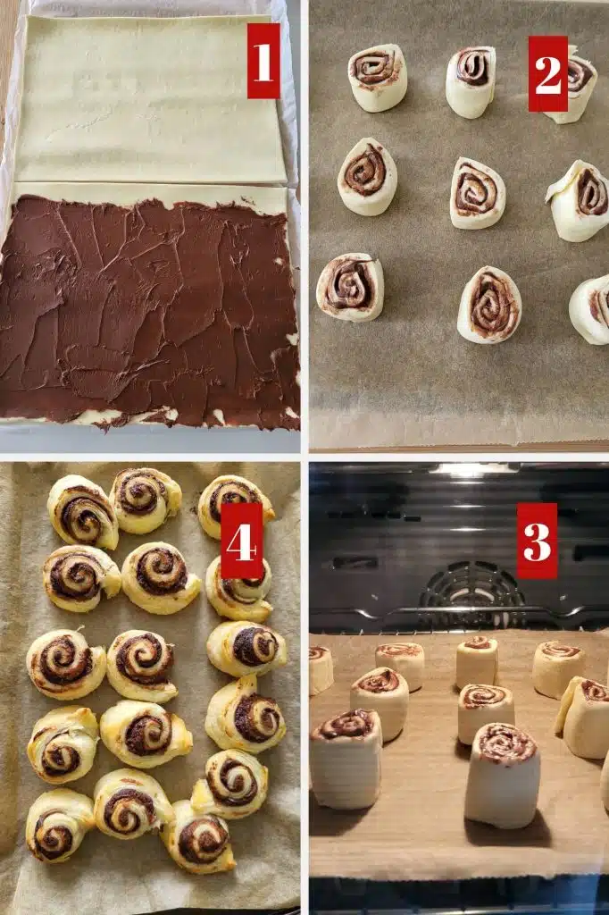 Photo collage of how to make puff pastry nutella.