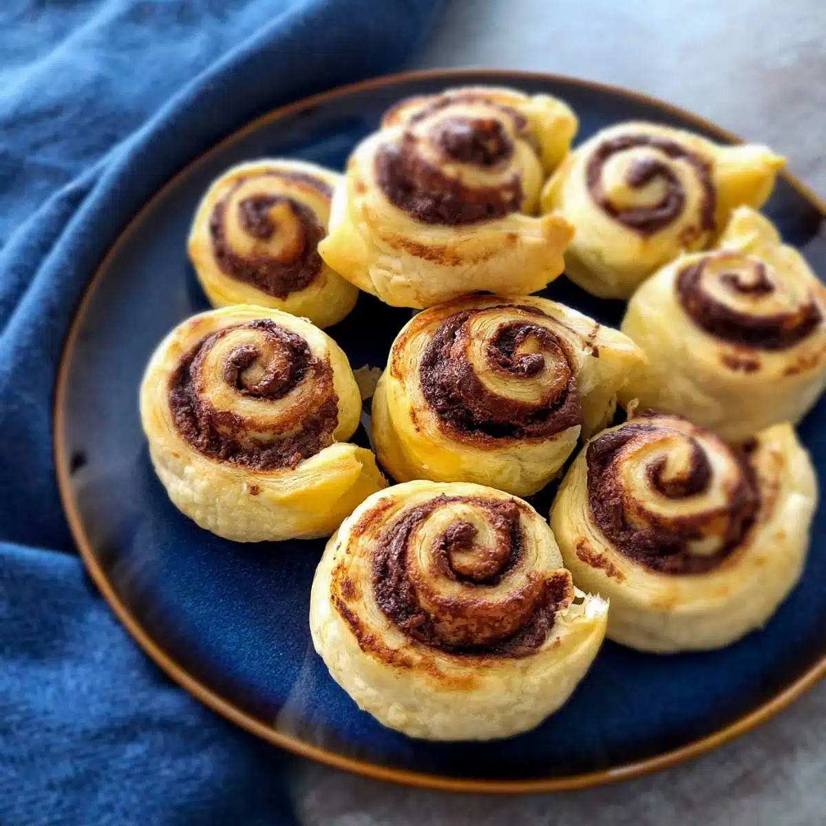 Puff pastry nutella rolls on a blue plate with a blue napkin in the background.