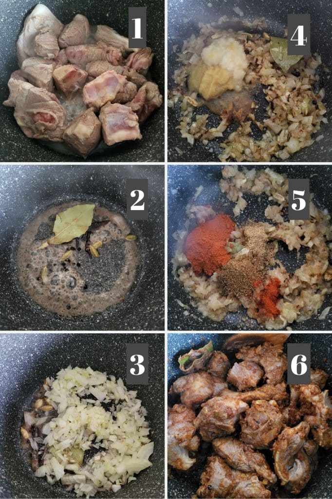 Photo collage of how to cook rogan josh.