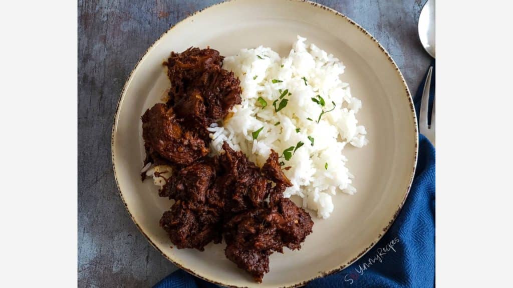 Beef Rendang and white rice on a round plate.