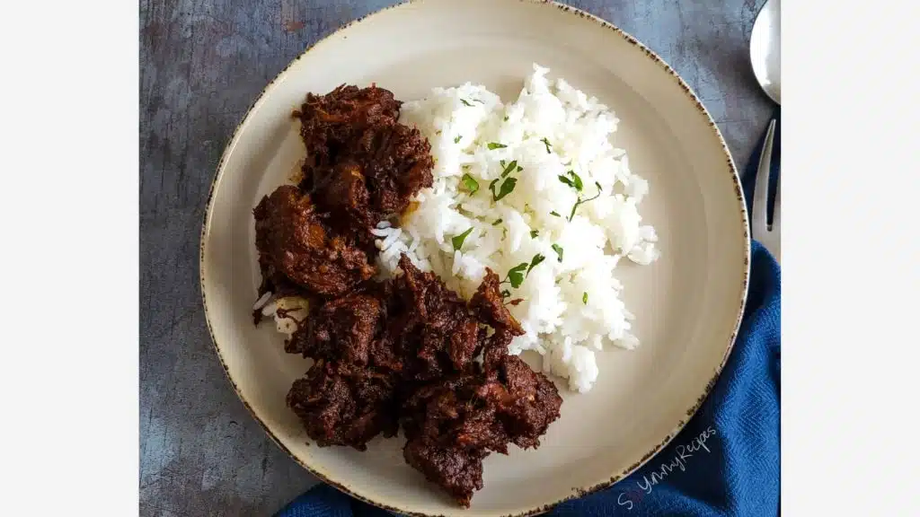 Beef Rendang and white rice on a round plate.