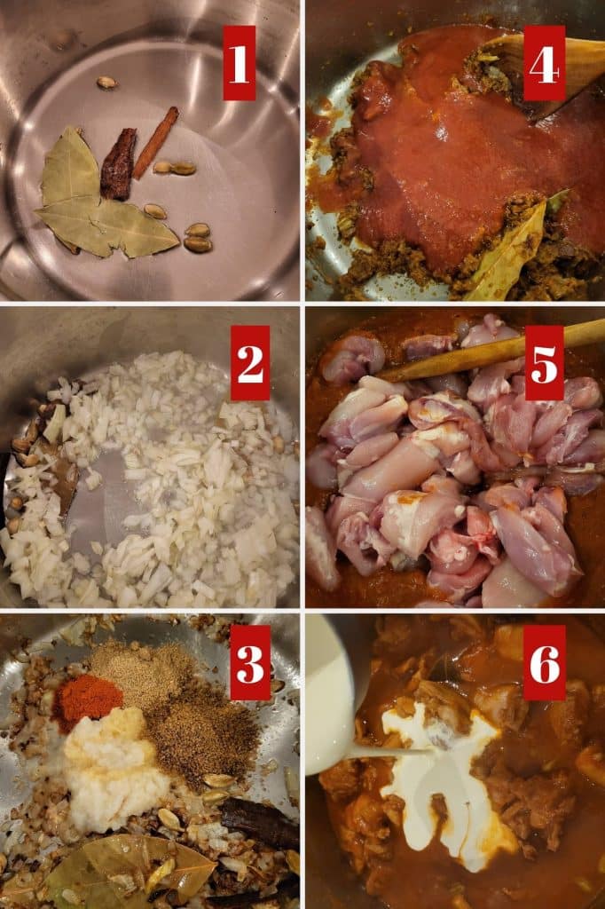 Photo collage of making chicken korma.