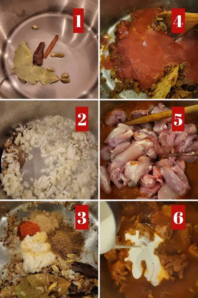Photo collage of making chicken korma.