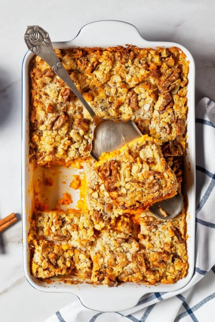 A dish of sweet potato casserole cake.