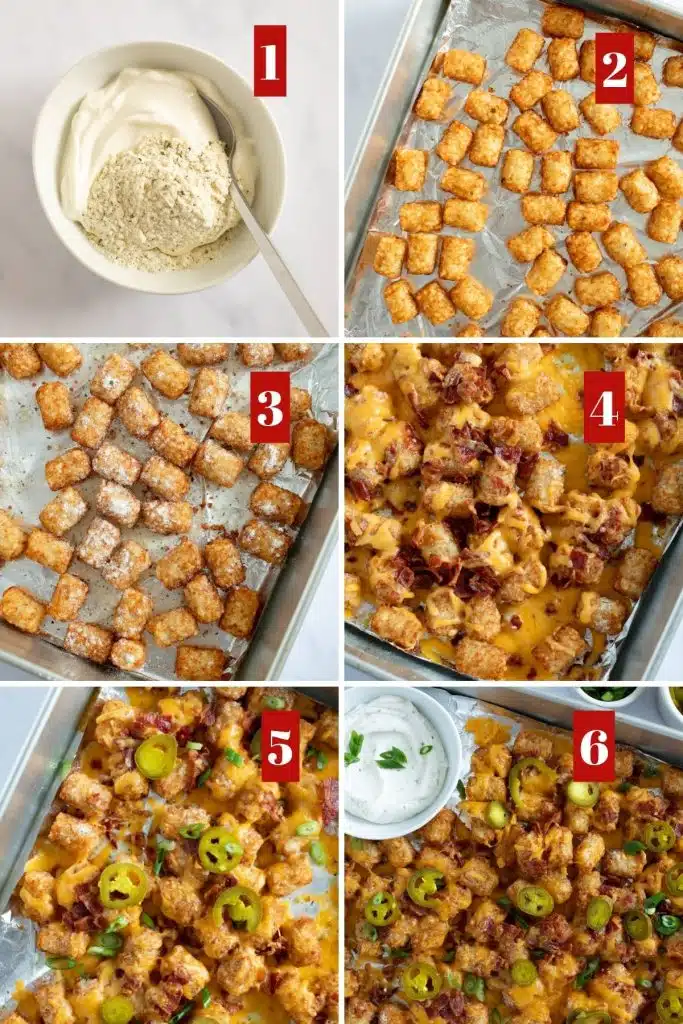 Photo collage of how to make tater tots.