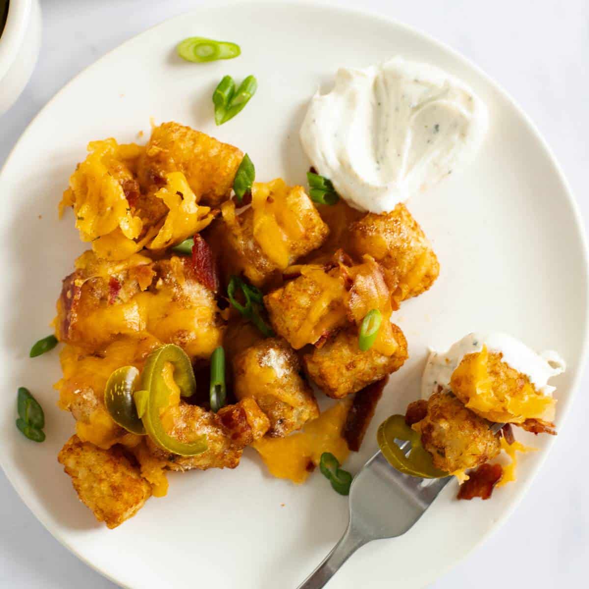 Loaded tater tots on a white plate.