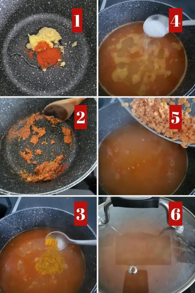 Photo collage of how to cook masoor dal.