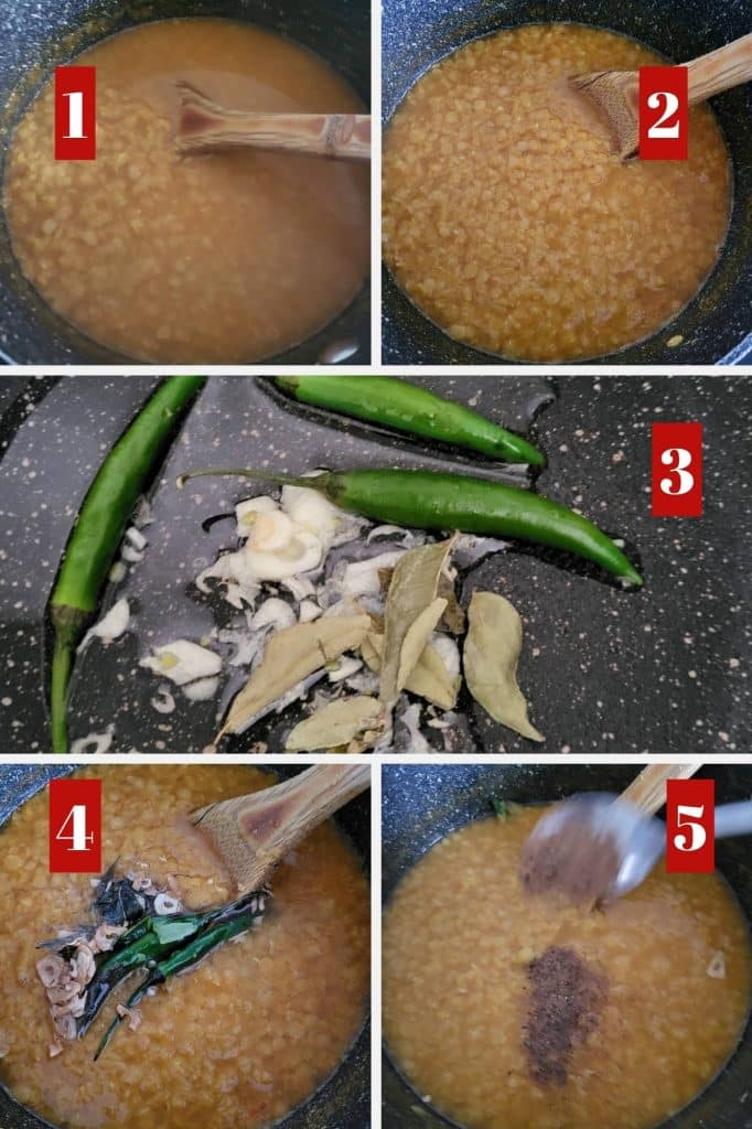 Photo collage of making red lentil curry.