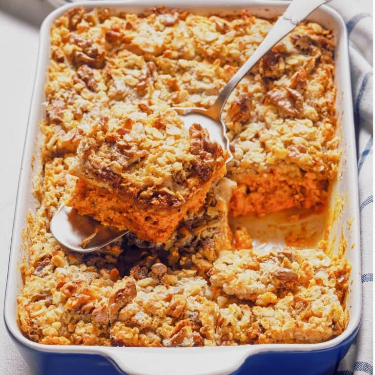 Pumpkin dump cake in a casserole dish.