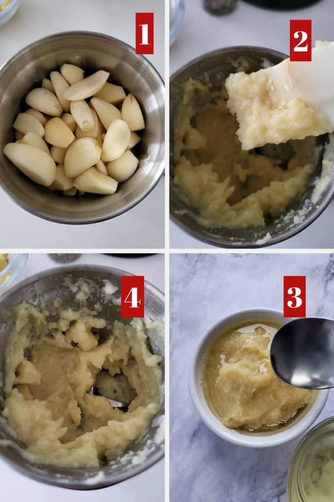 Photo collage of how to make garlic paste.
