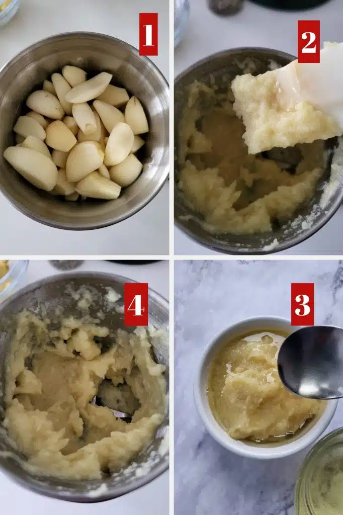 Photo collage of how to make garlic paste.