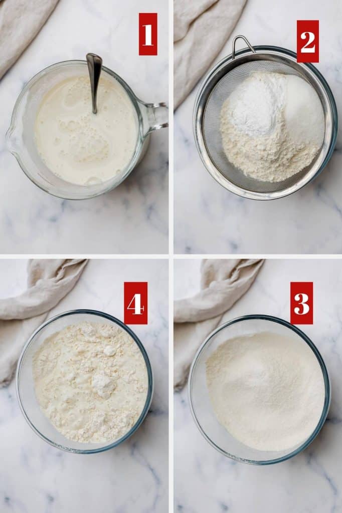 photo collage of preparing pancake batter.