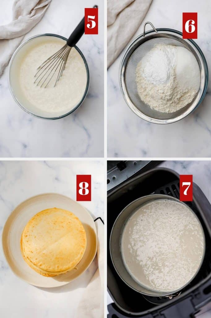 Photo collage of making pancake in an air fryer.